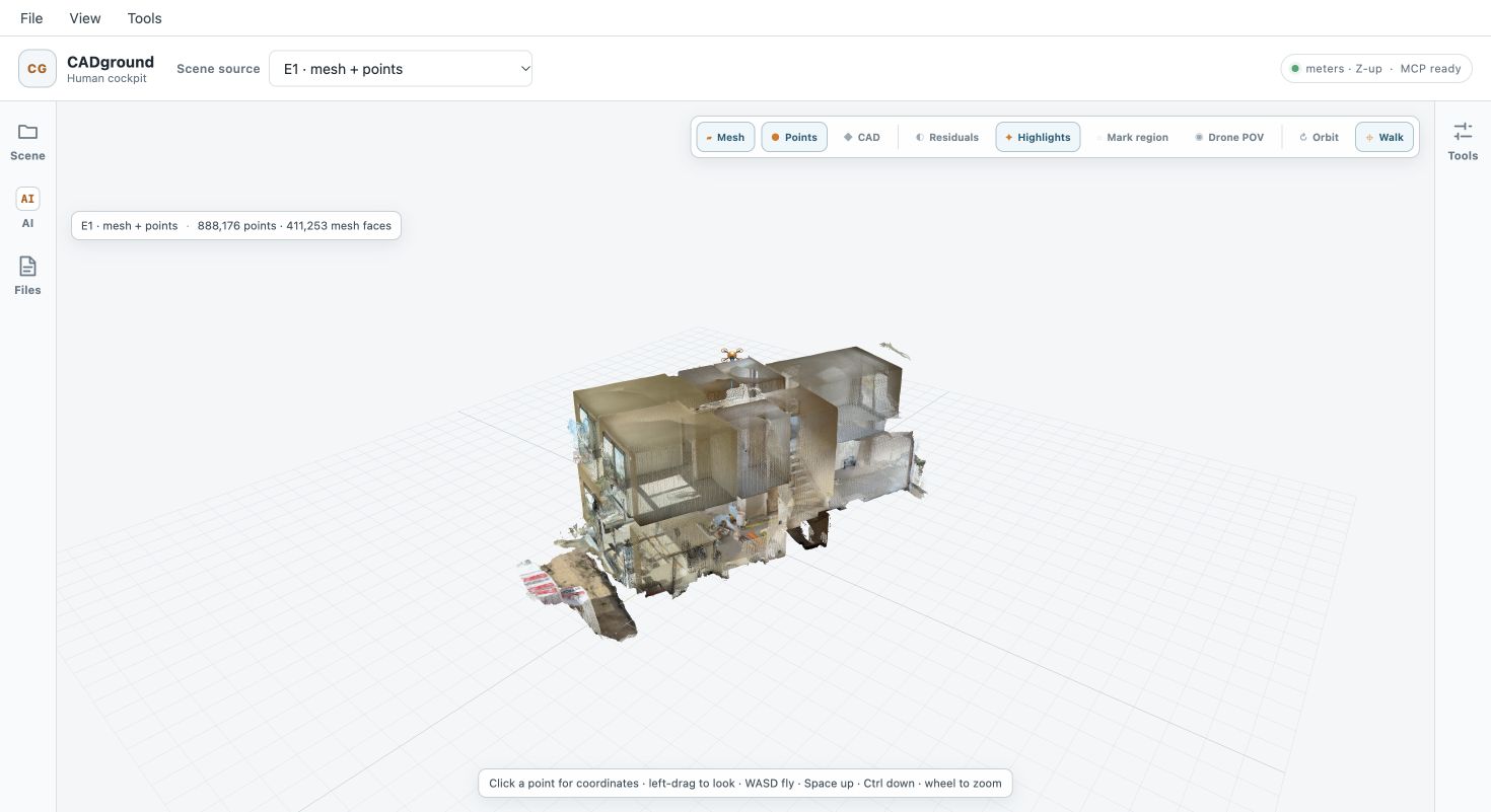 The CADground editor showing the E1 building scan, scene selector and mesh, point-cloud and CAD controls.